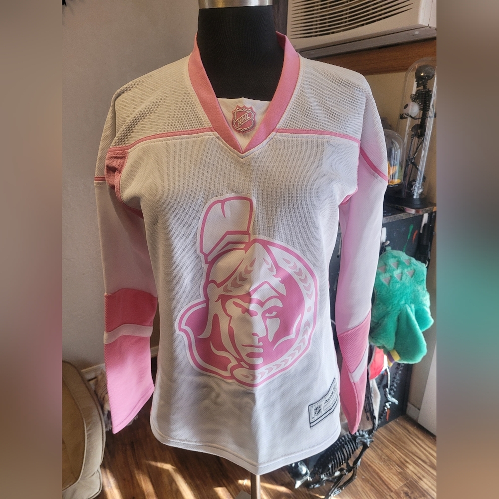 Reebok Ottawa White and Pink Women's V-Neck Hockey Jersey